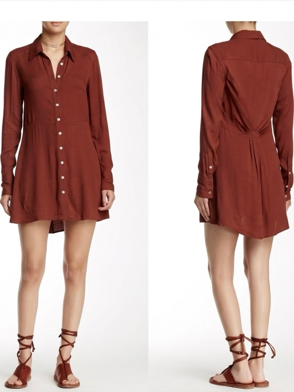 Free People Long Sleeve Mini Shirt Dress Chocolate Brown Size XS